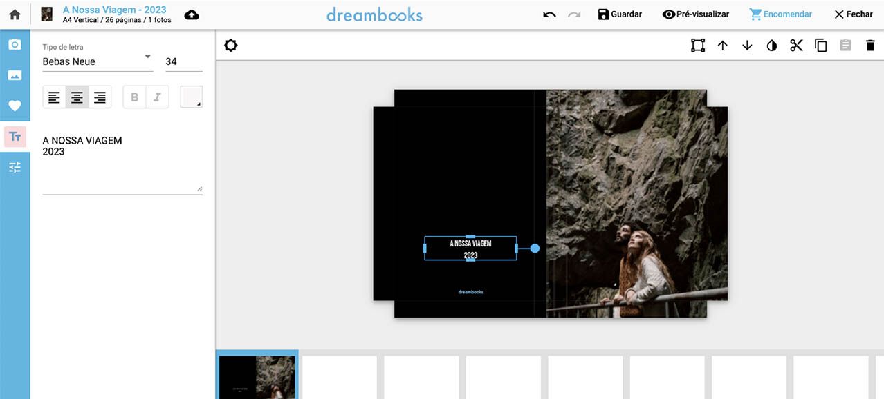 inserir textos no foto livro dreambooks